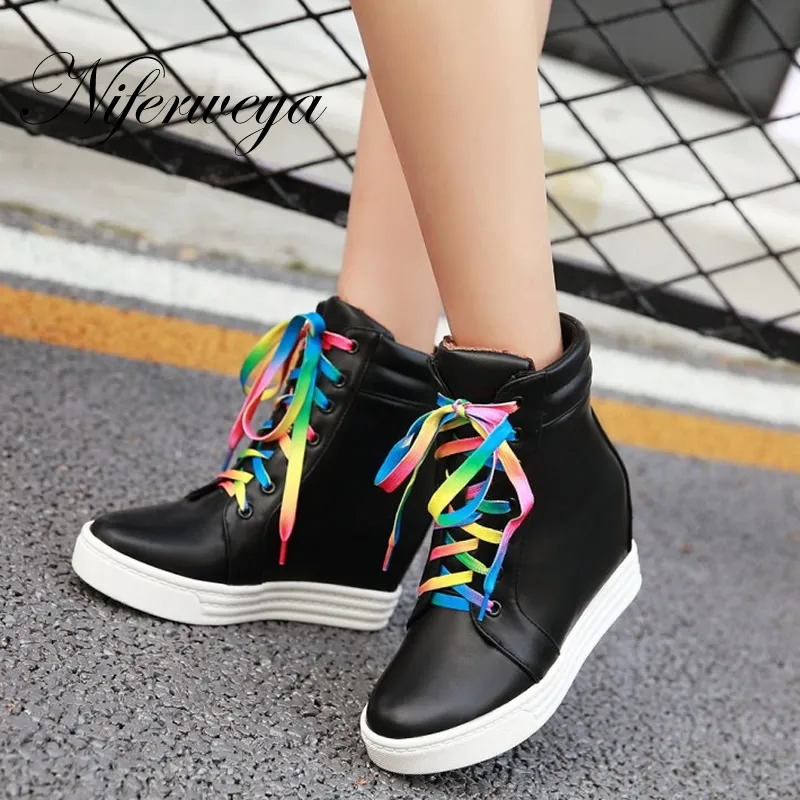 

Winter women short boots fashion Round Toe platform high heels big size 32-43 solid PU leisure Lace-Up Ankle boots zapatos mujer