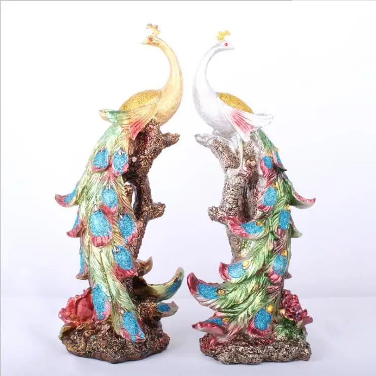 Longree Resin Phoenix Statue Colorful Bird Phoenix Figurine Sculpture Peacock Home Furnishing
