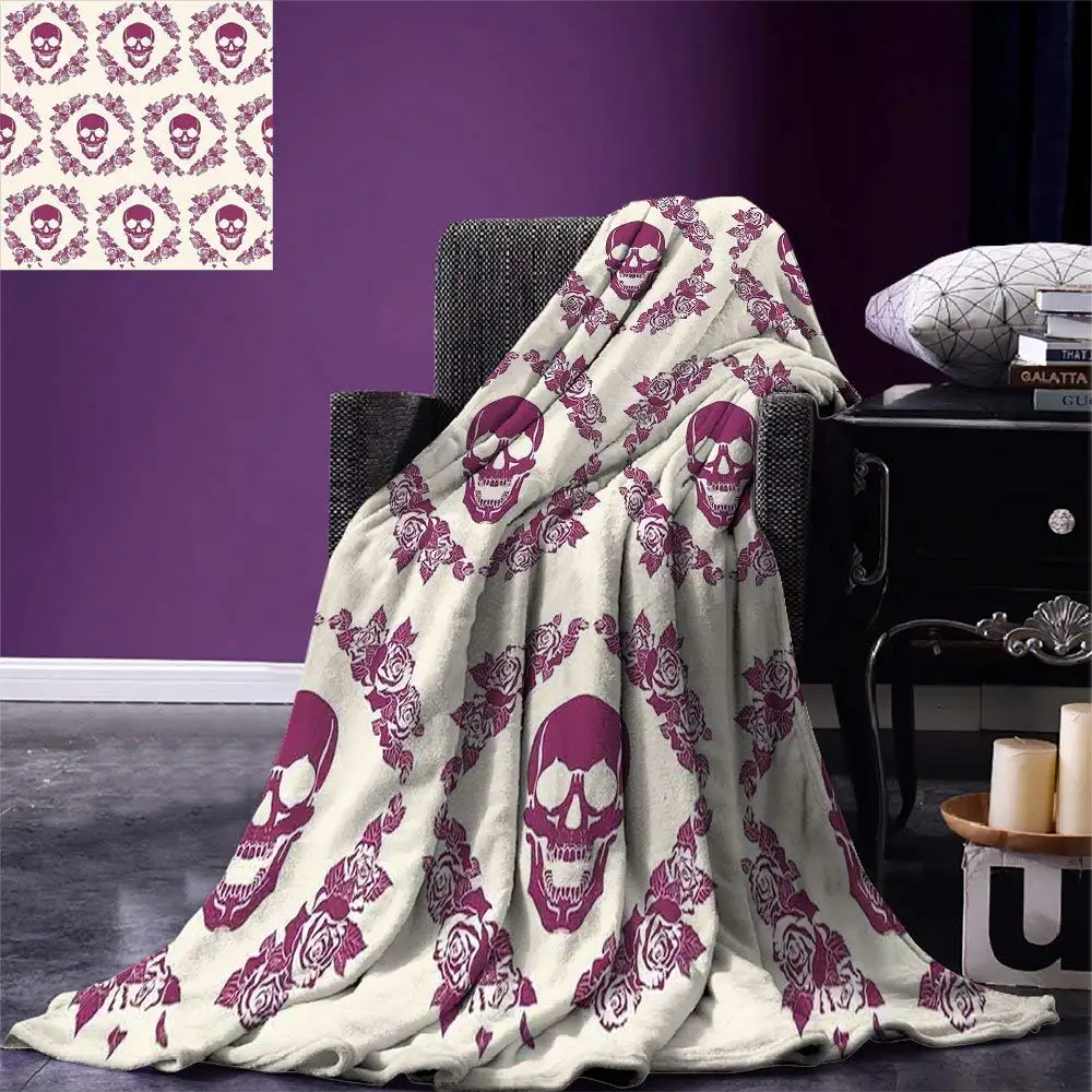 

Sugar Skull Throw Blanket Monochrome Style Calavera Inspired Surround by Circular Floral Wreath Print rectangle Blanket