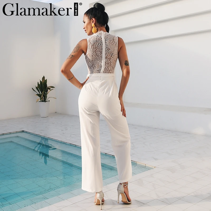 Женский прозрачный кружевной комбинезон Glamaker белый длинный без рукавов с поясом