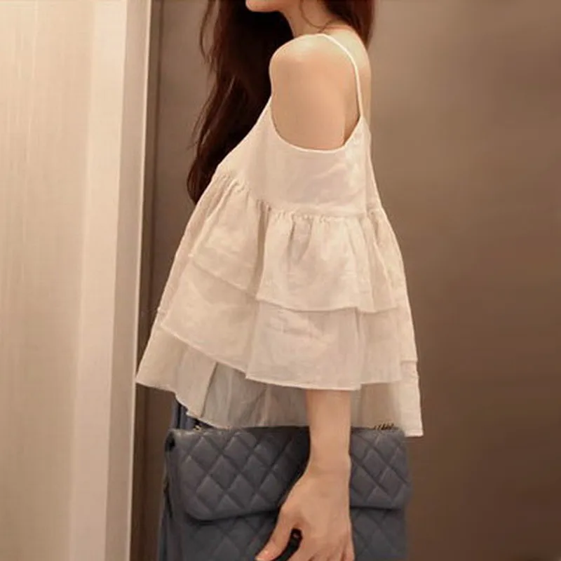 

2016 summer new Korean fashion women cotton linen shirt ruffle blouse off shoulder cropped tops ladies