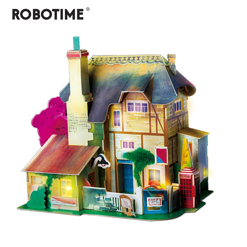 

Robotime New DIY England Hut Doll House with Led Light Children Adult Miniature Wooden Model Building Dollhouse Toy SJ304