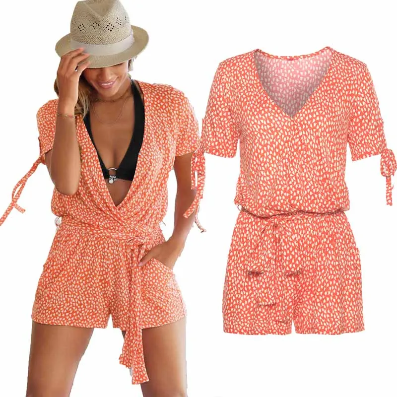 

Sexy Short Sleeve jumpsuit women romper summer Fashion floral shorts deep v neck beach jumpsuit coveralls sexy female frock S-2X
