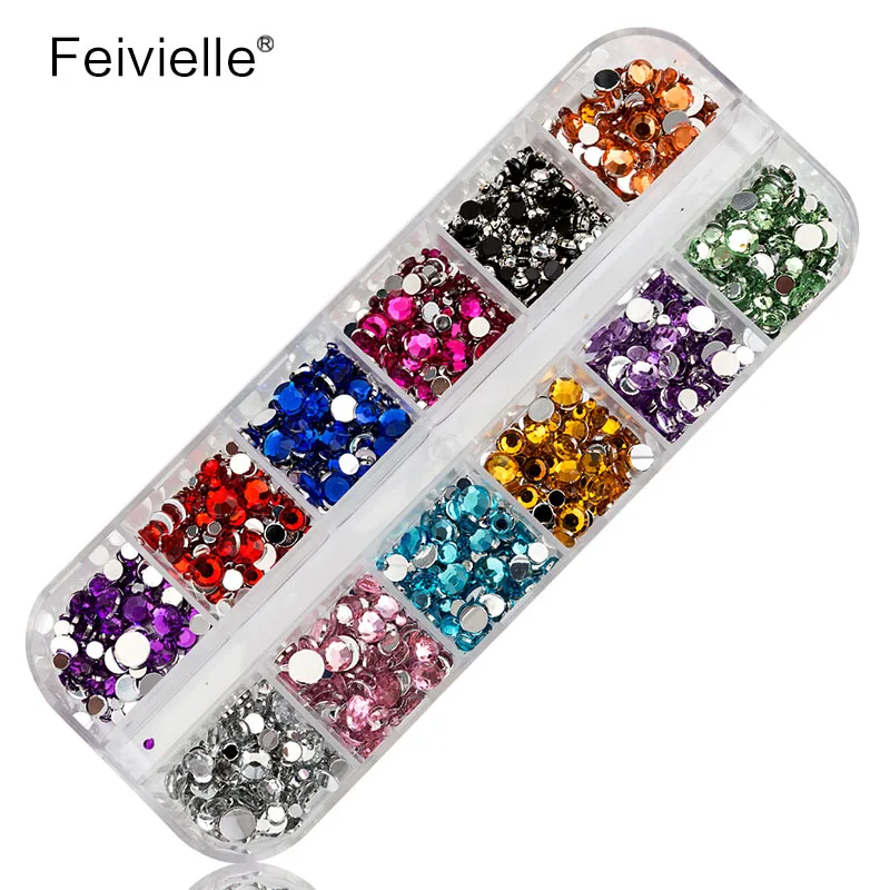 Круглые стразы Feivielle для ногтей 1 коробка 12 цветов Жесткий Чехол дизайна 3D