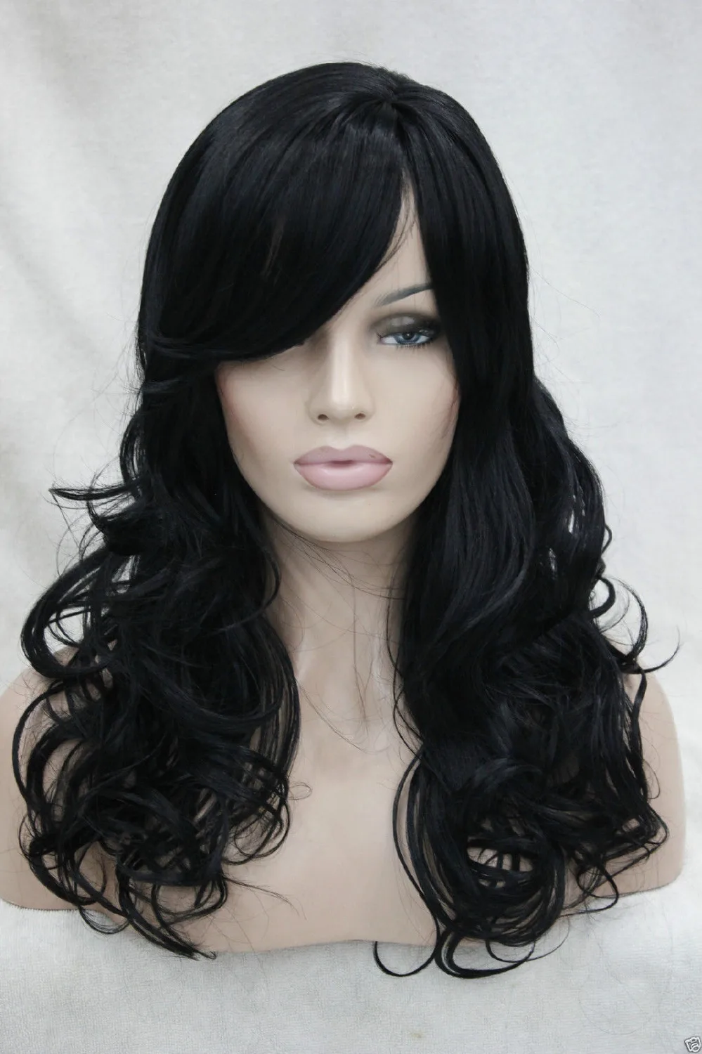 FREE SHIPPING>>> S2736 Fashion Jet Black Curly 22" Long Side Skin Part