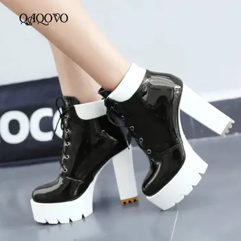 

2019 New Fashion Boots Women Patent Leather Square High Heel Ankle Boots Platform Lacing Martin Boots Autumn Winter Female Shoes
