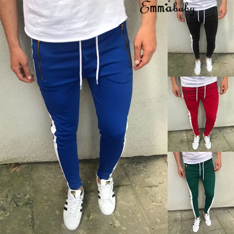 2018 Джоггеры мужские s Уличная тонкая сторона полоса Drawstring хип-хоп мужские спортивные брюки Slack Sweatpant Cool Biker Pencil pants Skinny