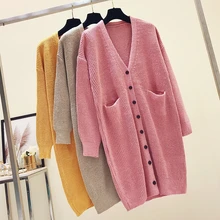Woman Autumn Winter Long Cardigan Sweater Knitted 2019 Korean Drop Shoulder Loose Sweaters Cardigan Pocket Sweater Coat Tops New coffee patch detail drop shoulder sweater