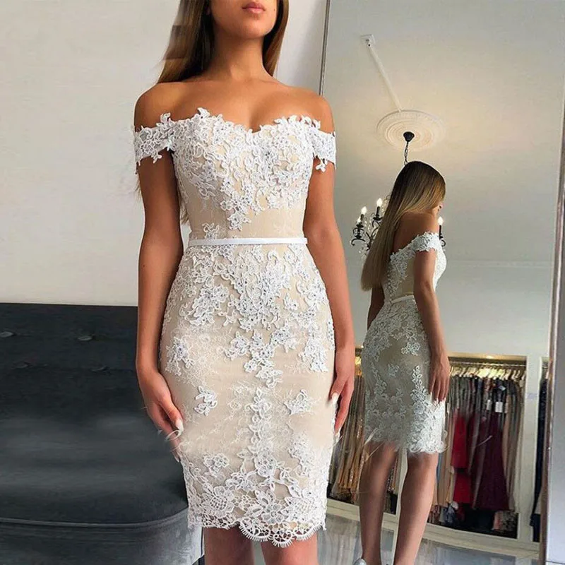 JaneVini Light Champagne Beaded Cocktail Dresses Knee Length Short White Lace Applique Sweetheart Women Tight Fitted Party Dress