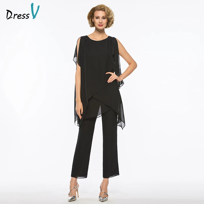 DressV Черный Длинные Матери невесты Брюки костюм Оболочка рукавов Совок Средства ухода за кожей Шеи Свадебная вечеринка для матери невесты