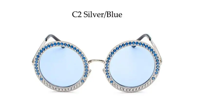 Роскошные Металлические Круглые Солнцезащитные очки с кристаллами Роскошная Ltalian брендовая Ретро Круглые Солнцезащитные очки женские черные стразы - Цвет линз: C2 silver blue