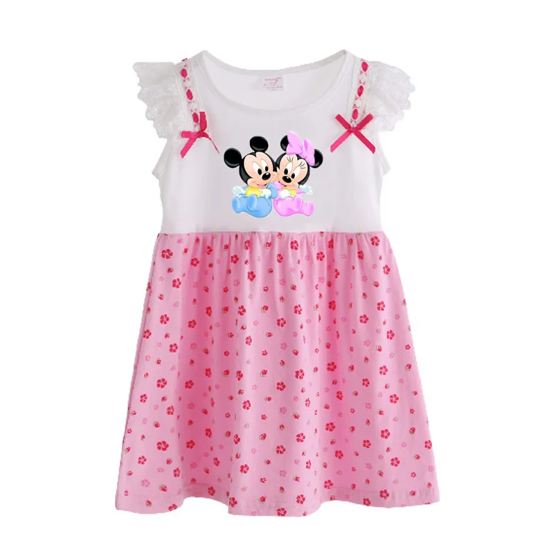 

Short Sleeve Children Girls Dress Summer 2017 New minnie and mickey Baby girls dresses Pink Baby girl clothes Petal Sleeve T6103