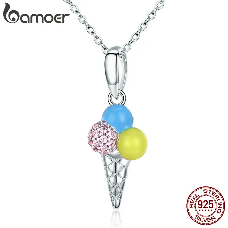 

BAMOER New Arrival 100% 925 Sterling Silver The Ice Cream Shape Color Enamel Pendant Necklaces Women Silver Jewelry SCN246