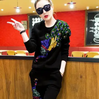 

Zuolunouba New Autumn Office Lady Pullover Sequin Peacock Harajuku Elastic Waist Two Piece Women's Sets Tracksuit