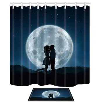 

Silhouette of Loving Couple Kissing Agains the Full Moon Polyester Fabric Shower Curtain Suit Flannel Floor Doormat Bath Rugs