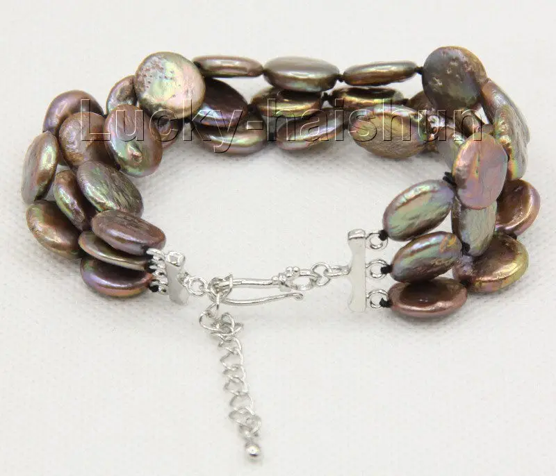 

7"-9.5" 3row 12mm coin fastener light coffee brown pearls bracelet j10033 @^Noble style Natural Fine jewe SHIPPING new >>free sh