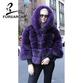 

FURSARCAR Luxury New Real Fur Coat Women Popular Purple Color Natural Fox Fur Jacket With Hood Winter Thick Warm Fox Fur Coat