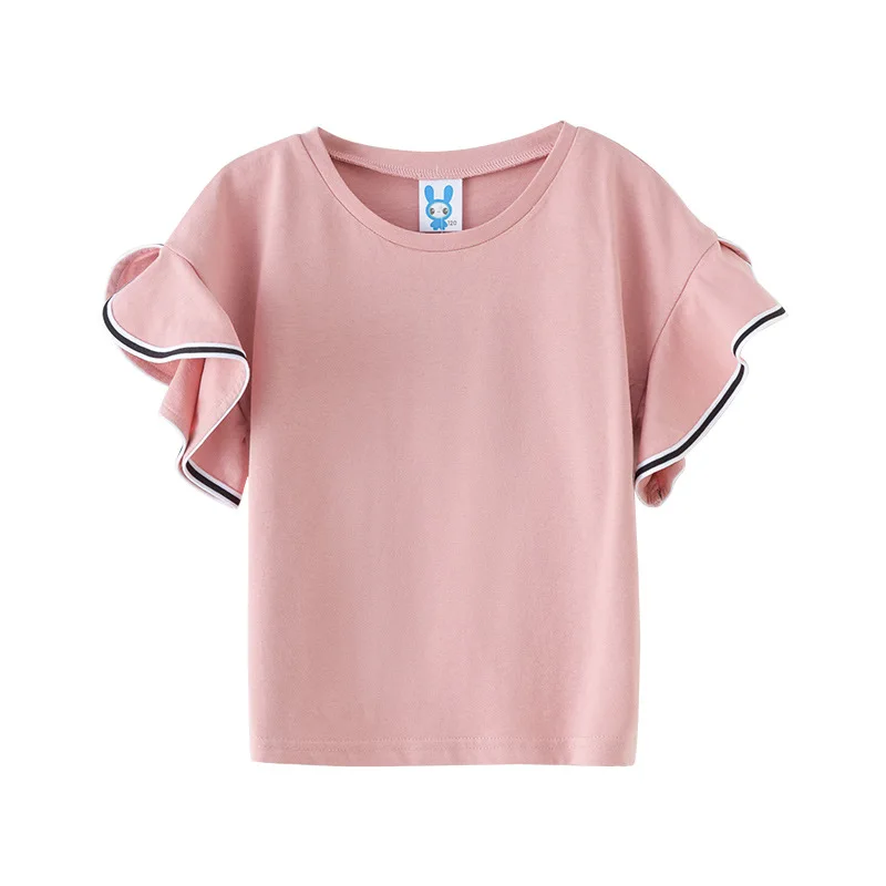 

Big girls T-shirt 2019 Summer Kids ruffle sleeve tshirts fashion Children Pink Yellow Tops for girls clothing 5 6 8 10 12 14Year