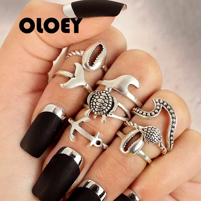 OLOEY 8 Pz/set Guscio di Tartaruga di Mare Shark Dolphin Tail Anchor Lega Anelli OLOEY 8 Pz/set Guscio di Tartaruga di Mare Shark Dolphin Tail Anchor Lega Anelli