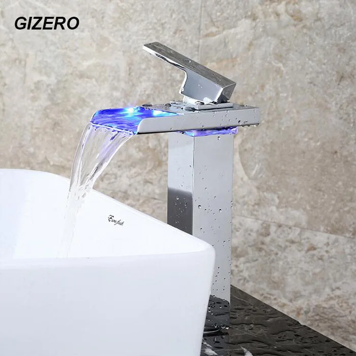 

LED Waterfall Faucet Basin Countertop Taps Deck Mount Temperature Control Water Power no need battery Chrome Mixer ZR663