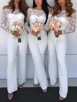 

2020 Long Sleeves White evening dress Lace Column Bridesmaid Jumpsuits vestidos de fiesta largos elegantes de gala