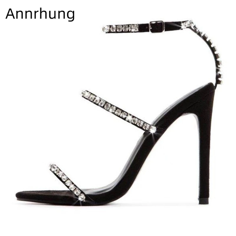 

Crystal One-Strap High Heel Shoes Woman Open Toe Stiletto Heel Summer Sandalias Rhinestone Jewelled Catwalk Sandals Women