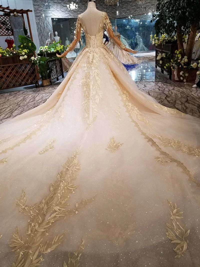 HTL125 свадьба в западном стиле платья 2019 с круглым вырезом Длинные Тюль рукав бисером блестящие кружева А-силуэт свадебное платье мода новый