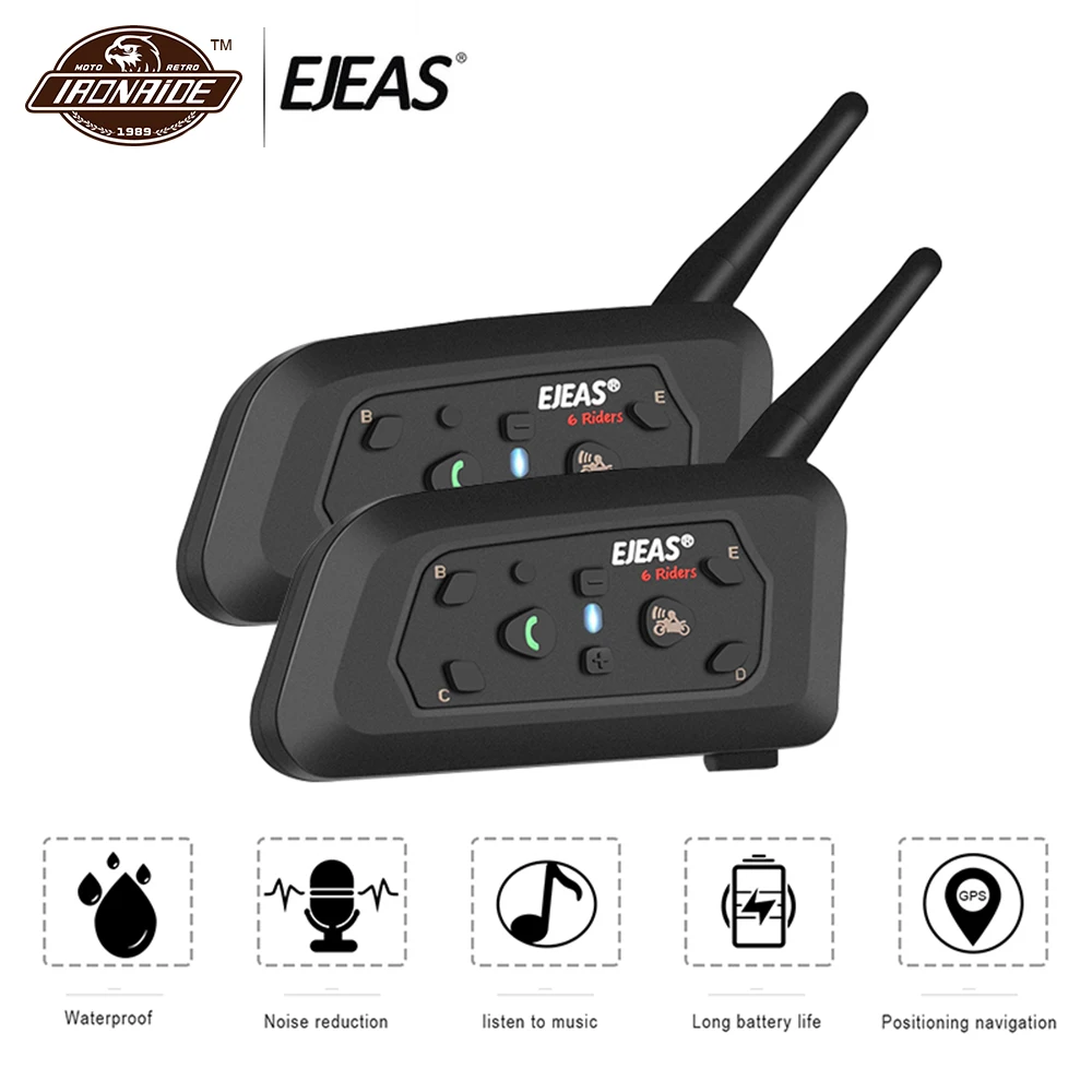 

EJEAS Motorcycle Intercom Bluetooth Moto Helmet Headset Communicator Waterproof 1200m Interphone For 6 Riders Casco Moto 2pcs