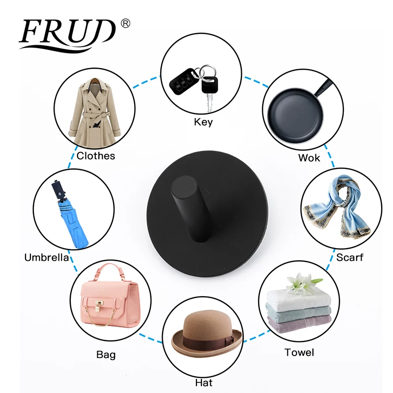 FRUD Modern Round Viscose Hooks Stainless Steel Towel Robe Holder Wall Mounted Black Robe Hanger Bath Hardware 4pcs