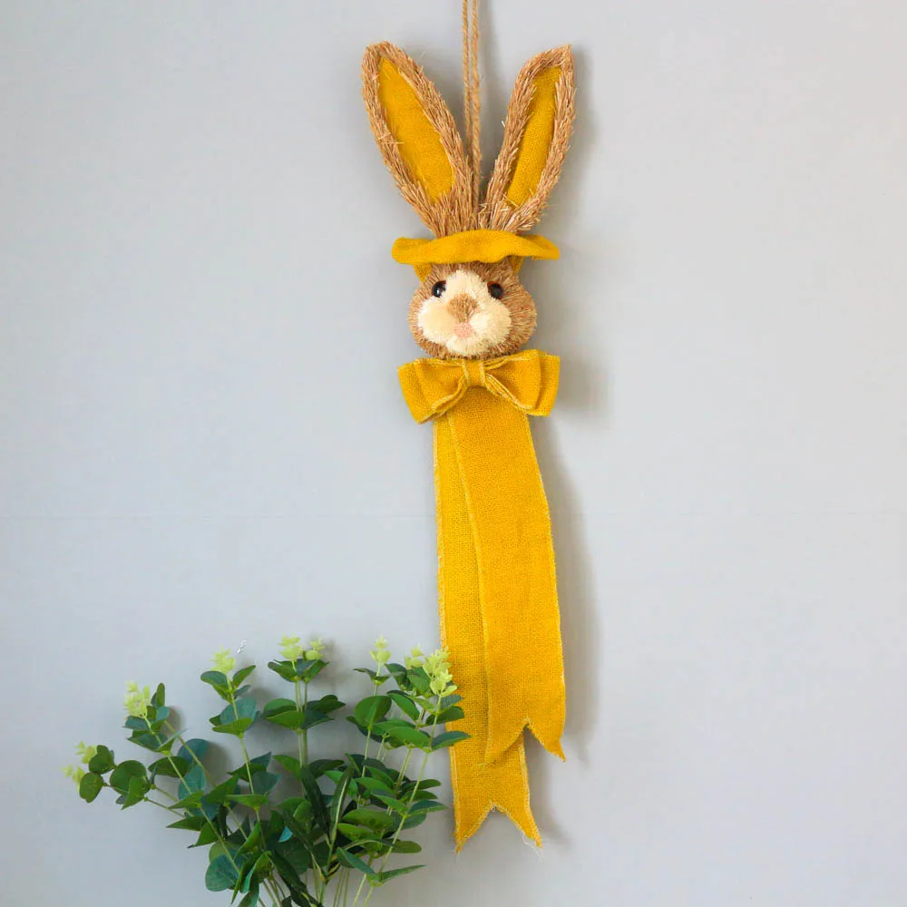 

H24" Happy Easter Bunny Hanging Decor Straw Sisal Bunny Rabbit Burlap Bowknot Wreath Handcraft Home Decoration Room Door Wreath