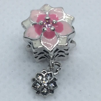

100% 925 sterling silver pink flower shape with a smaller one inlaid crystal pendants&charms fit Pd bracelets for women gift