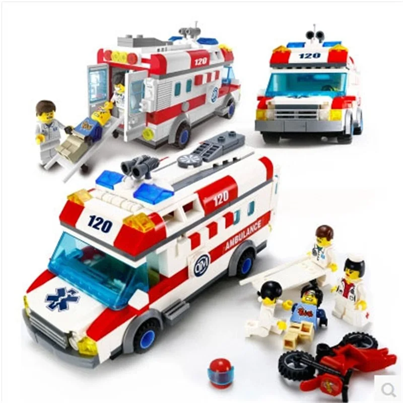 City Series Building Blocks Car-styling Urban Emergency Ambulance Car 328pcs Mini Playmobil DIY Assembling Bricks Kits Toys