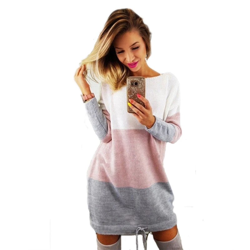 

New autumn winter Women ladies long sleeve Knitwear mini dress fashion loose off shoulder patchwork short mini Sweater dress