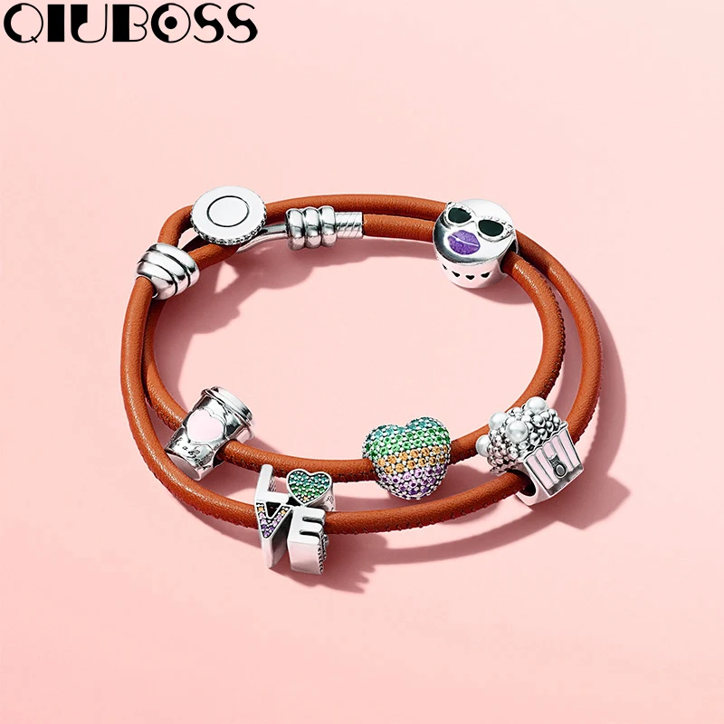 

QIUBOSS 2018 New S925 silver double circle single circle leather rope bracelet dream catcher string ornaments DIY gift