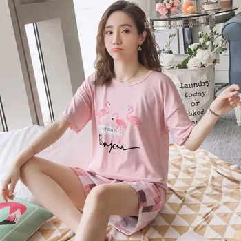 

2019 Summer Short Sleeve Pajamas Sets for Women Shorts Sleepwear Suit Cute Cartoon Homewear Loungewear Pijama Mujer Home Clothes
