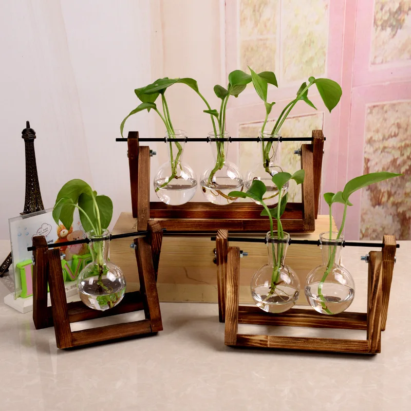 

Vintage Flower pot Creative Hydroponic Plant Transparent Vase Wooden Frame vase for decoratio Glass Tabletop Plant Bonsai Decor