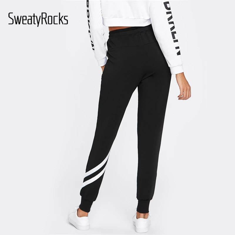 SweatyRocks с завязками на талии, полосатая отделка, палаццо, спортивные штаны, черные, средняя талия, пэчворк, упражнения, длинные штаны, женские повседневные штаны