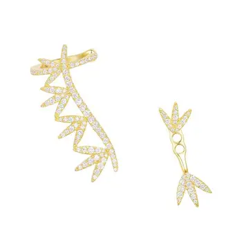 

SLJELY Women 925 Sterling Silver Yellow Gold Color Asymmetric Laurel Leaves Ear Bone Clip Earrings Micro Pave Zirconia Stones