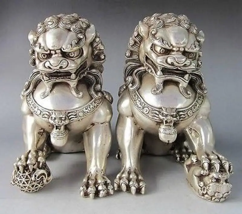 

Chinese Silver color Guardian Lion Foo Fu Dog Statue Pair