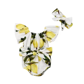

Newborn Baby Girl Ruffled Lemon Tassels Romper Jumpsuit with Headband