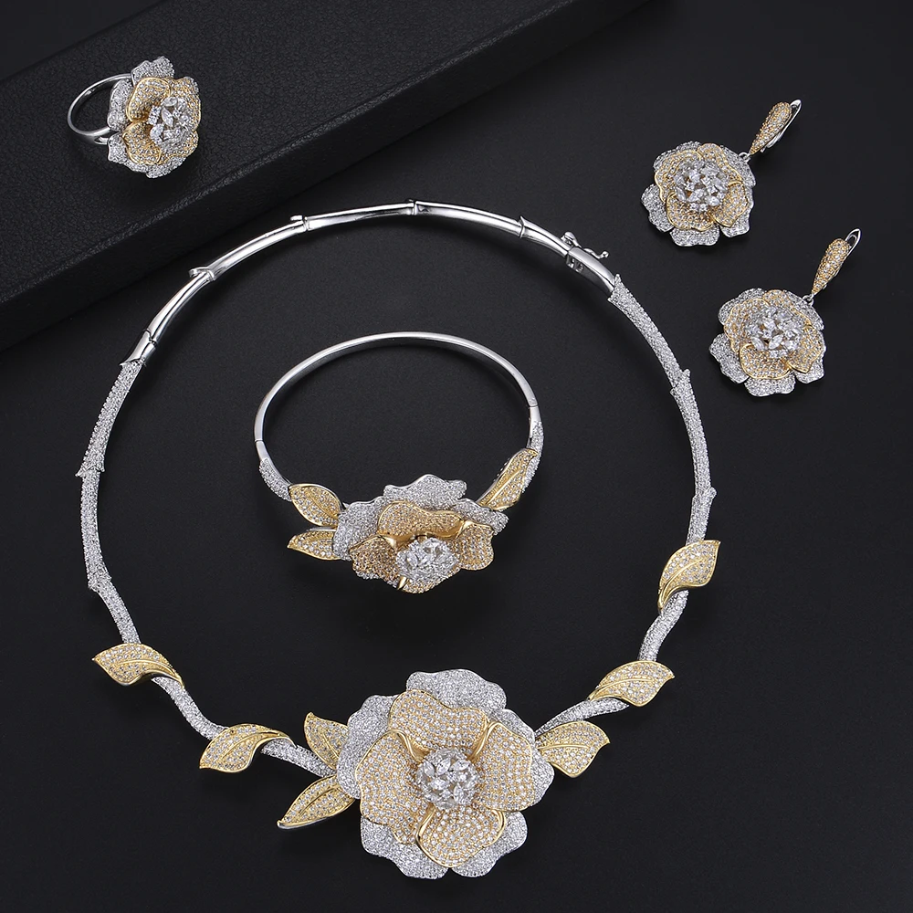 

GODKI Luxury Nigerian Jewelry sets For Women Cubic Zirconia Dubai Gold Wedding Flower Indian Long bridal jewelry sets NEW