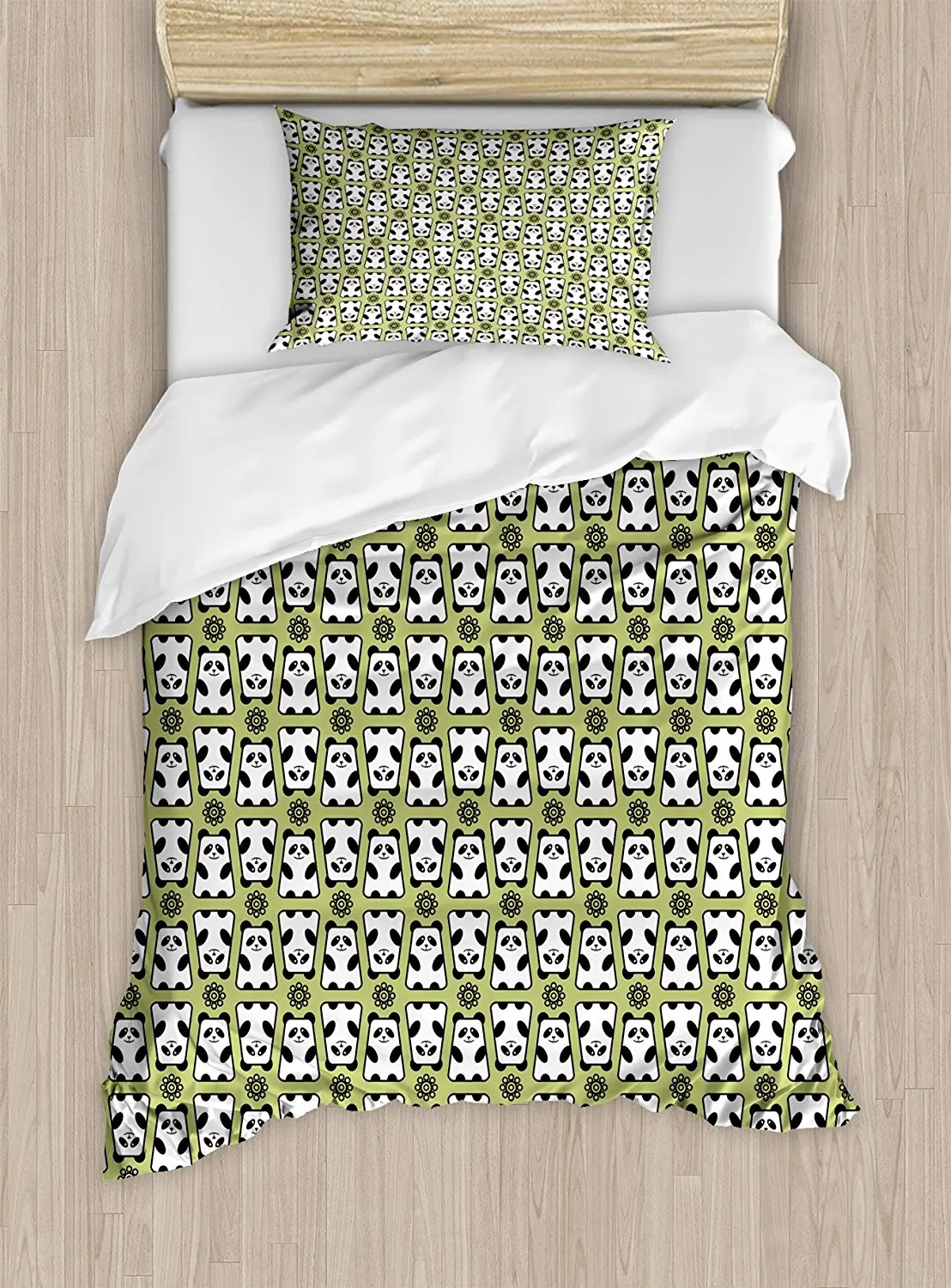 

Kids Duvet Cover Set Geometrical Up and Down Panda Pattern Daisy Flowers Cute Funny Bears 4 Piece Bedding Set Pistachio Green