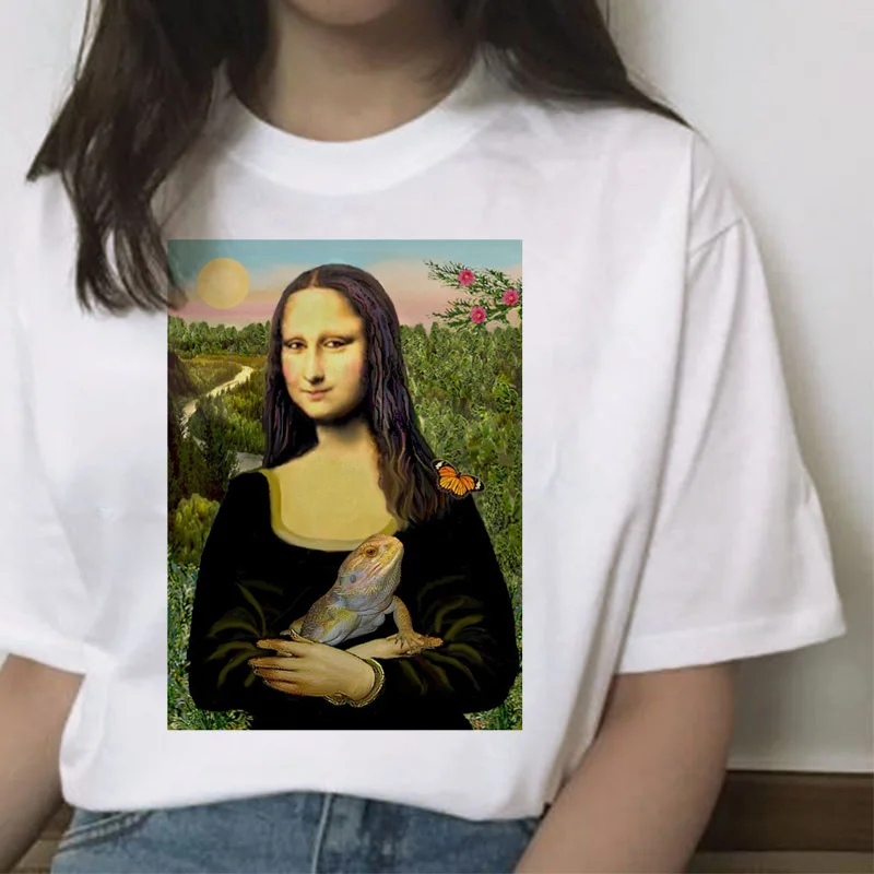 Mona lisa cat футболка Женская Новая мода Топ летняя футболка эстетический Забавный гранж каваи femme короткая футболка хип-хоп