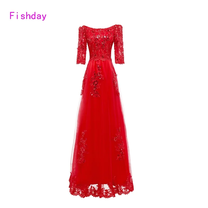 2017 New Floor Length Boat Neck Elegant Plus Size Red Ladies Appliques Cheap Long Evening Dresses Sequin Mother of the Bride B20