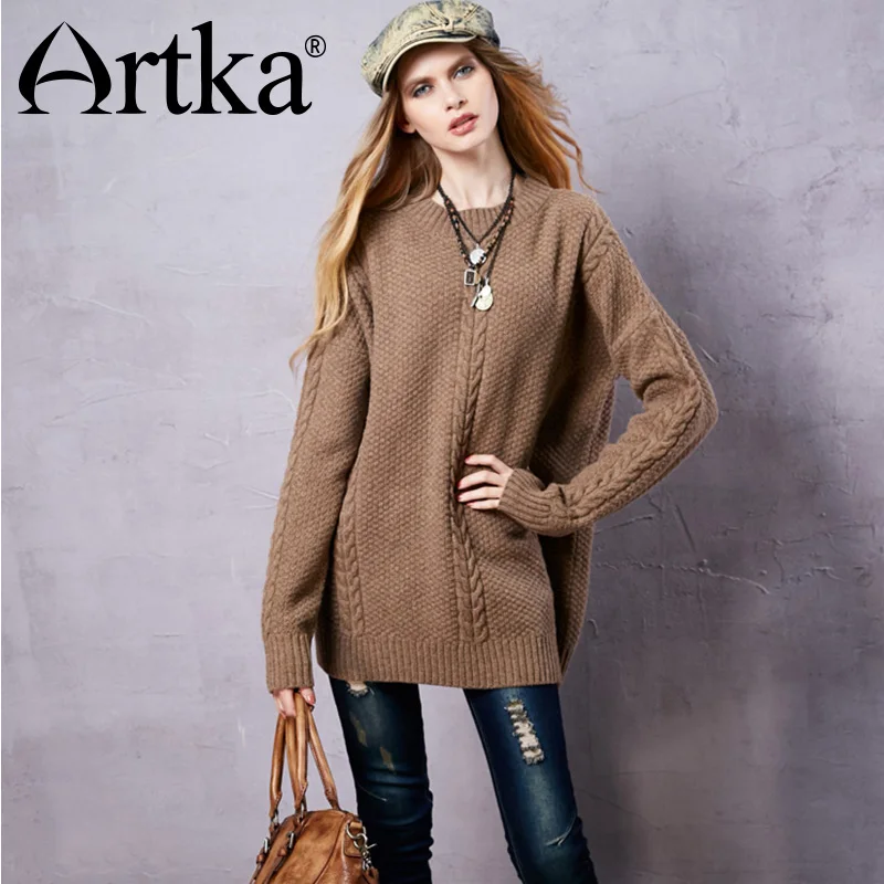ARTKA 2018 Autumn& Winter All-match Brown Pullover bat shape Oversize Loose 60% Wool Contained Long Sweater YB18156Q | Женская одежда