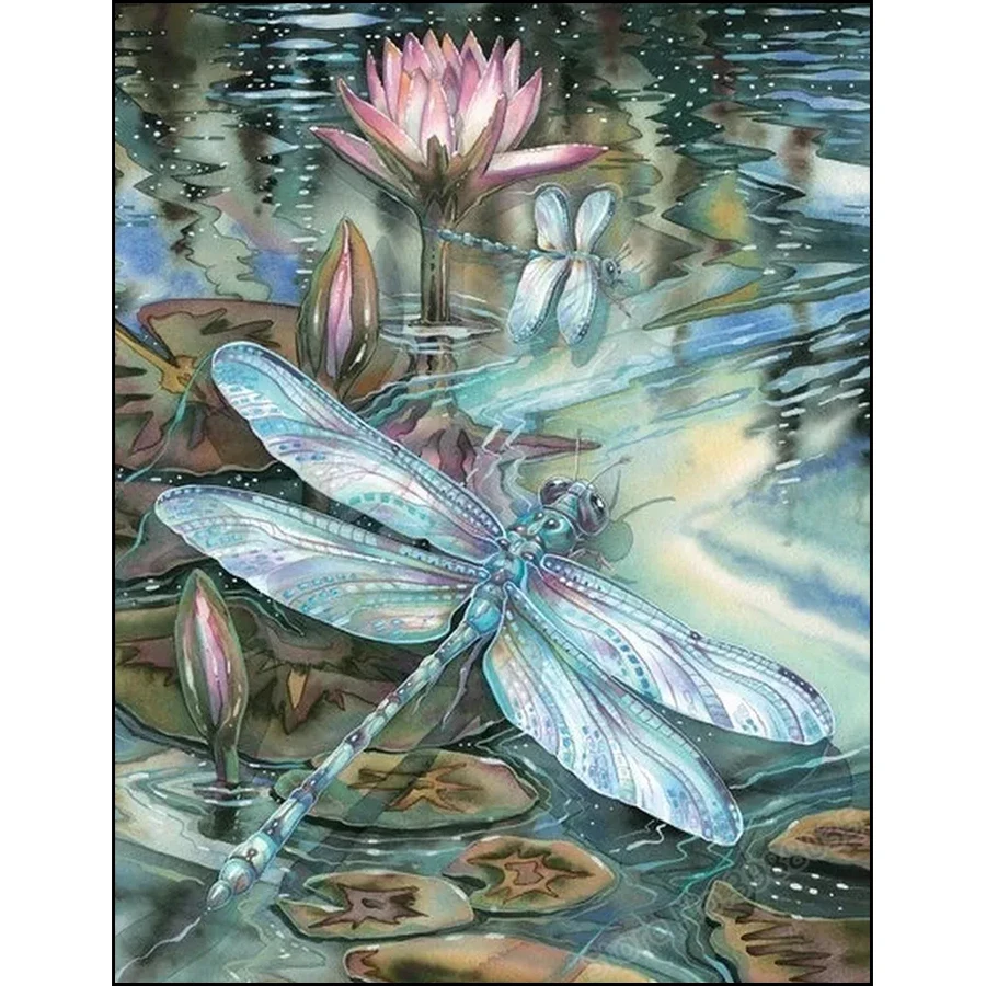 5D DIY Diamond Painting Dragonfly and Lotus Flower Scenery Full Drill Square Embroidery Cross Stitch Rhinestones Mosaic | Дом и сад