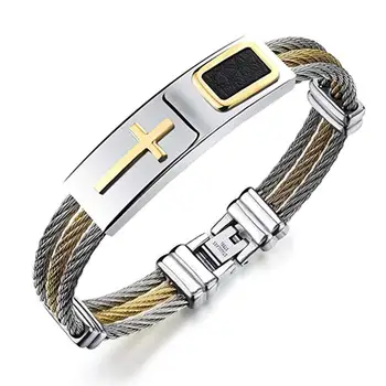 

Men Fashion Cool Stainless Steel Cross Faux Leather Bracelet Bangle Cuff