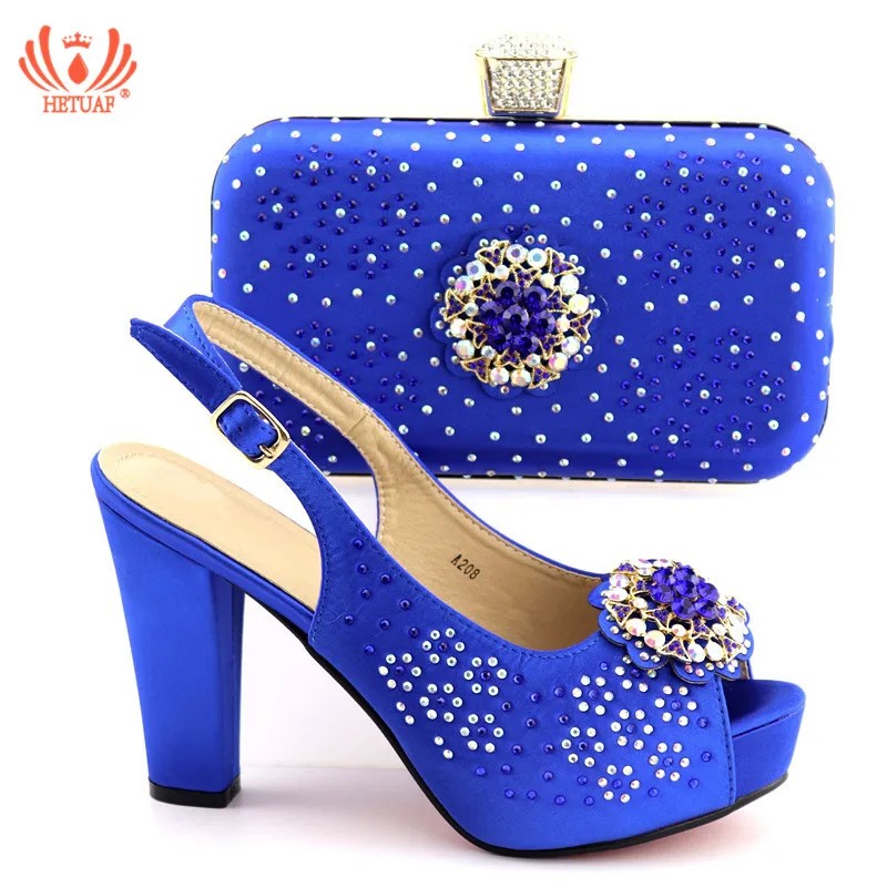 

2019 Royal Blue Color Large High Pumps Shoes and Bag Set Decorated with Rhinestone African Party Italian Shoes with Matching Bag