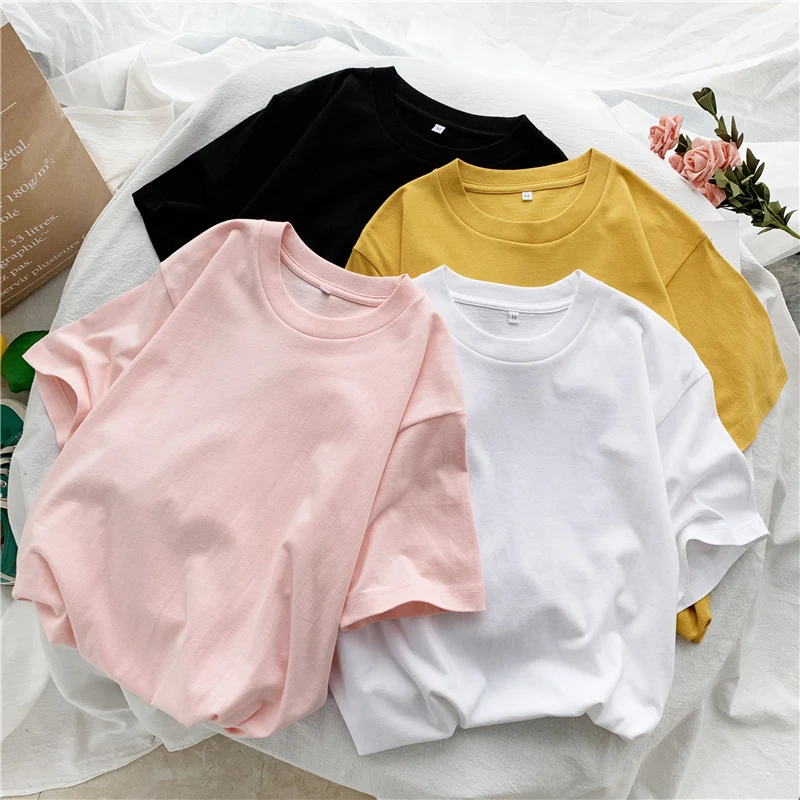 

Wholesale harajuku Basic T Shirt Korean Women Short Sleeve O-neck T-shirts solid Ladies Tops Summer Casual slim Tshirt Clothes