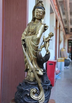 

USPS to USA S1035 31 Bronze Fish Ride send Boy Kwan-yin Guanyin Bodhisattva Goddess Buddha Statue